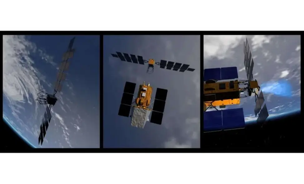 تصویر هنری از فضاپیمای سرویس‌دهی فناوری‌های فضایی کاتالیست که به سمت رصدخانه سوییفت ناسا نزدیک می‌شود و آن را در مأموریت افزایش مدار می‌گیرد