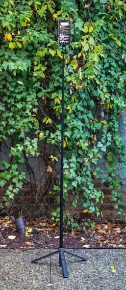 یک گوشی هوشمند نصب شده بر روی یک سه‌پایه سیاه بلند، روی سطح سنگ‌ریزه‌ای در مقابل دیواری که با پیچک سبز ضخیم و شاخ‌و‌برگ پوشانده شده، قرار دارد.