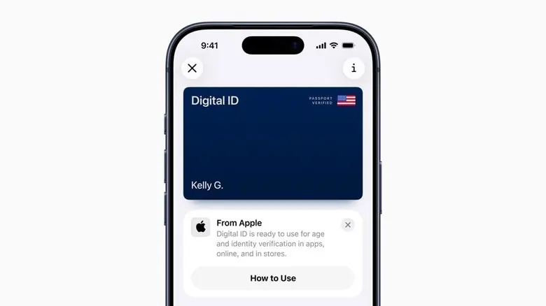 اسکرین‌شاتی که یک شناسه دیجیتال ساخته‌شده با استفاده از پاسپورت ایالات متحده در Apple Wallet را نشان می‌دهد