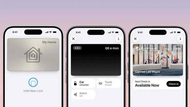 کلاژی از اسکرین‌شات‌ها که کلیدهای دیجیتال مختلفی که در Apple Wallet ذخیره شده‌اند را نمایش می‌دهد