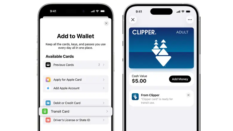 دو تصویر که فرآیند افزودن کارت حمل‌ونقل عمومی به Apple Wallet را نشان می‌دهند