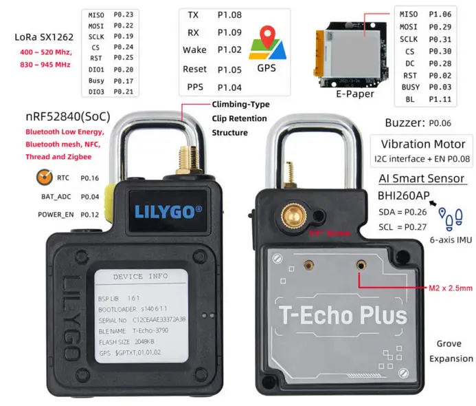 نمای کلی سخت‌افزار و پین‌آوت LILYGO T‑Echo Plus