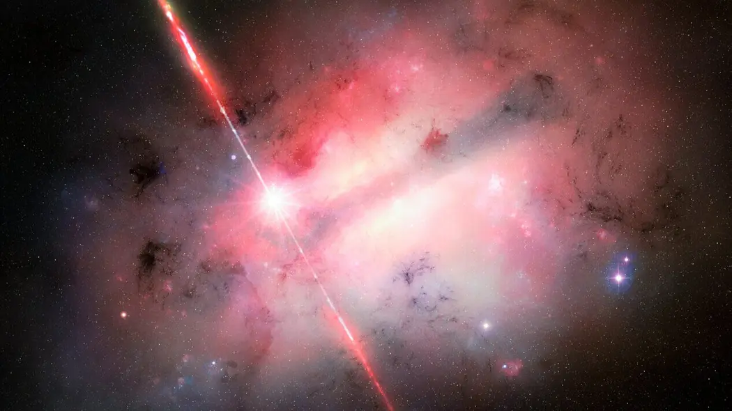 تصویر هنری از GRB 250702B، یک کره سفید درخشان با پرتوهای نور که در میان ابرهای سفید و صورتی و در فضای سیاه‌پهنه منتشر می‌شود