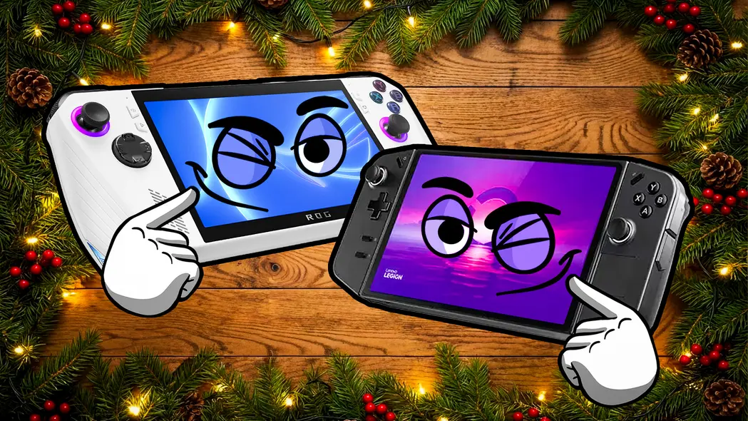 یک ROG Ally با چهره چشمک‌زن در صفحه نمایش و دستی که اشاره می‌کند ...