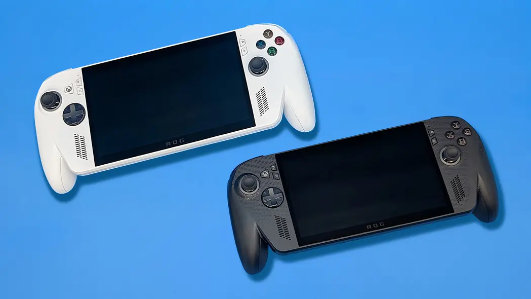 دستگاه ROG Xbox Ally و Xbox Ally X روی پس‌زمینه آبی.