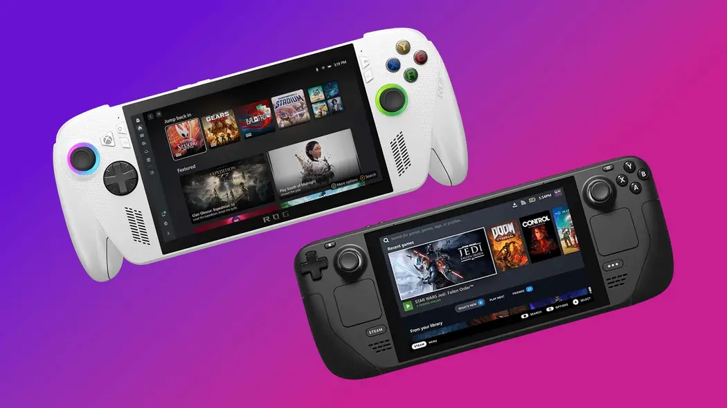 Xbox Ally و Steam Deck به سمت جلو با پس‌زمینه صورتی.