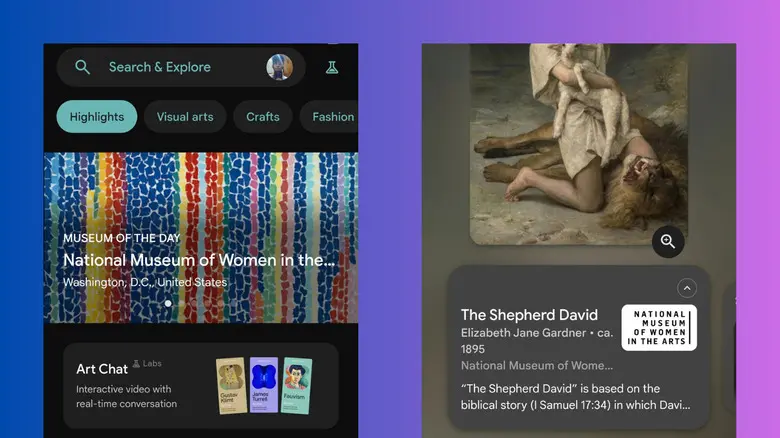 صفحهٔ اصلی برنامهٔ Google Arts & Culture و نمونهٔ یک اثر هنری در اندروید