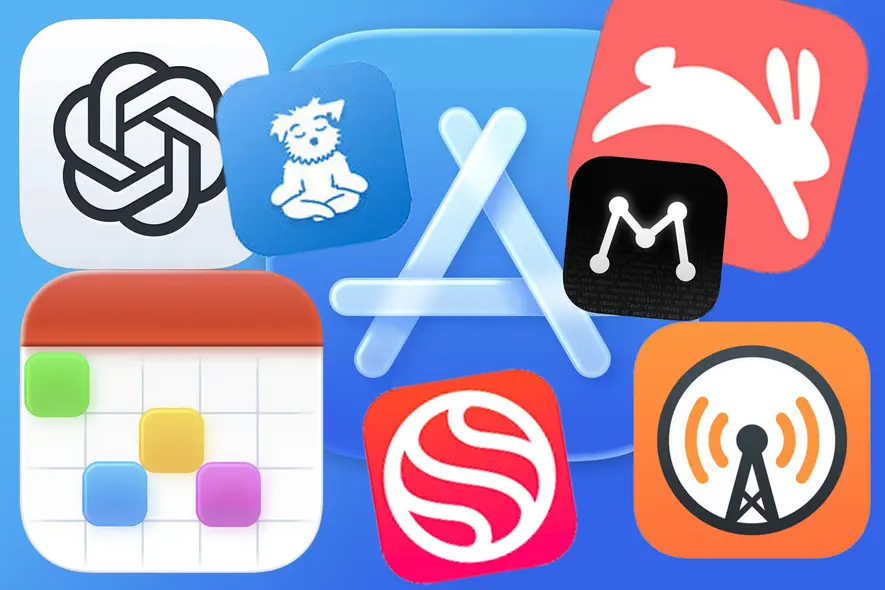 گرافیک شامل ۷ آیکون برنامه: chatgpt، matter، fantastical، hopper، overcast، down dog، spond