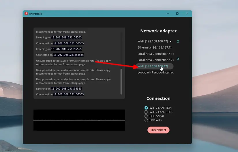 AndroidMic در حال اجرا بر روی دسکتاپ