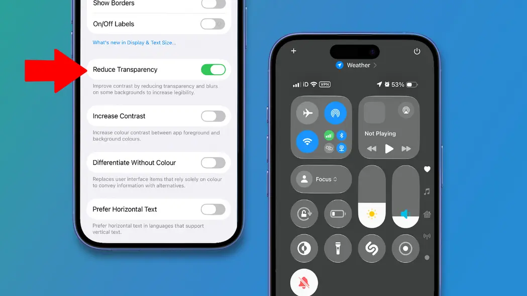 دو آیفون روی پسزمینهای سبز و آبی که تنظیمات iOS 26 را نشان میدهد