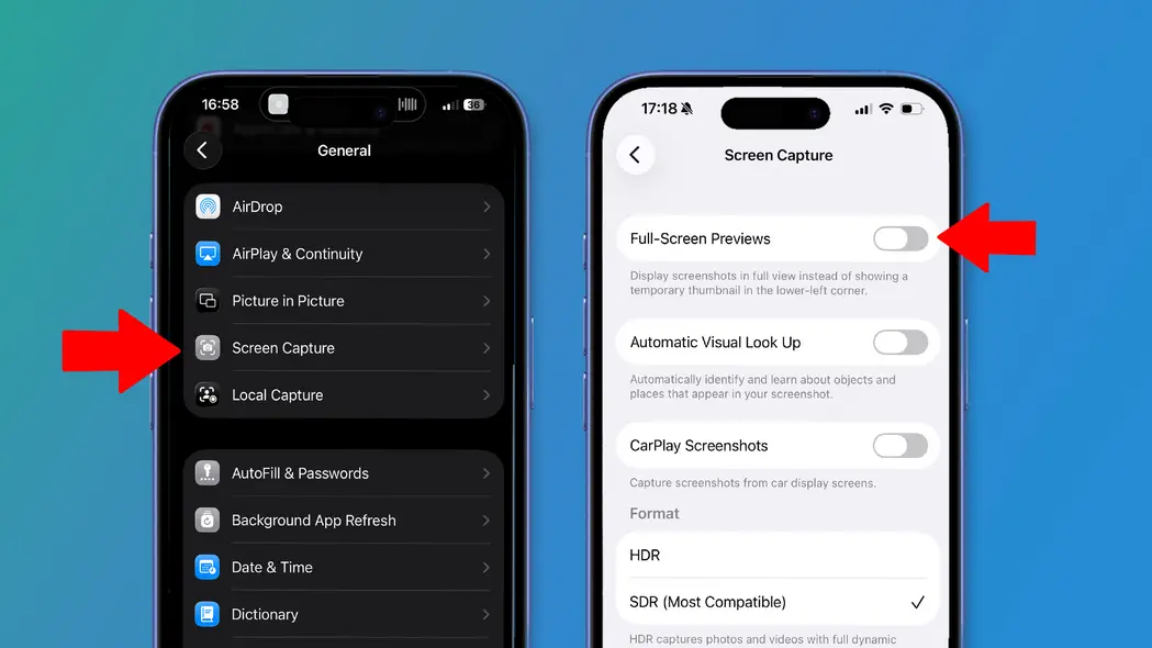 دو آیفون روی پسزمینهای سبز و آبی که تنظیمات iOS 26 را نشان میدهد