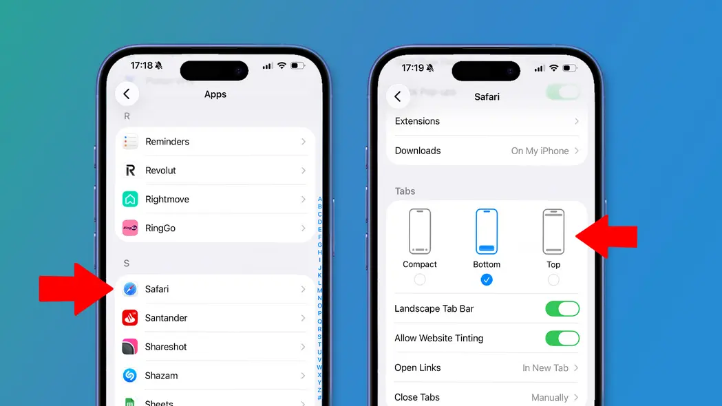 دو آیفون روی پسزمینهای سبز و آبی که تنظیمات iOS 26 را نشان میدهد
