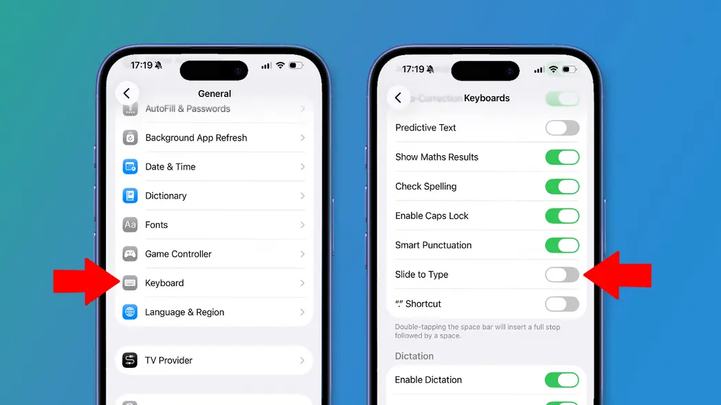 دو آیفون روی پسزمینهای سبز و آبی که تنظیمات iOS 26 را نشان میدهد