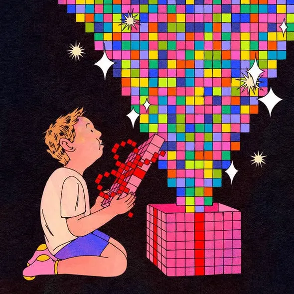 تصویری از کودک که هدیه‌ای را باز می‌کند؛ ابر رنگارنگی از پیکسل‌ها بیرون می‌آید