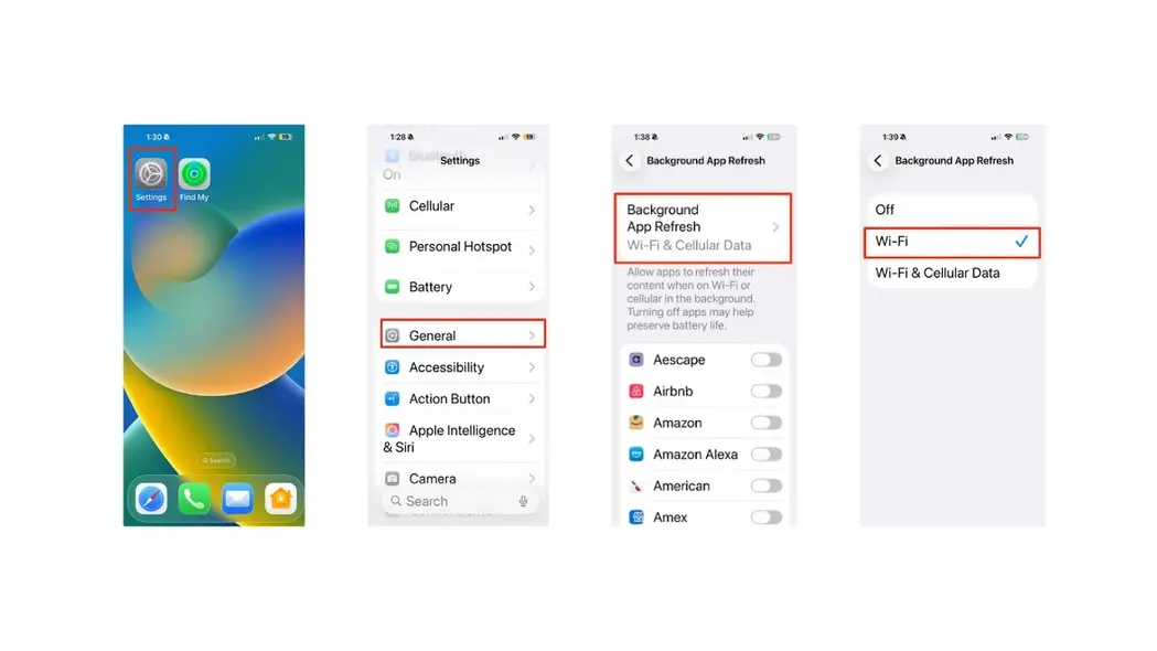 چندین اسکرین‌شات از برنامه تنظیمات iOS