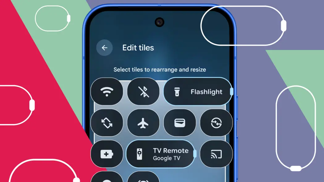 یک گوشی پیکسل که صفحه «ویرایش کاشی‌ها» را در اندروید نشان می‌دهد، با کاشی‌های تنظیمات سریع در اندازه‌های مختلف.