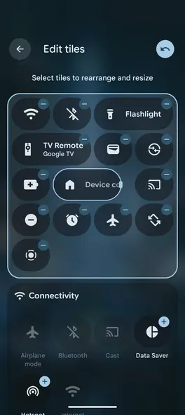 رابط ویرایش تنظیمات سریع در اندروید هنگام تغییر اندازهٔ یک کاشی