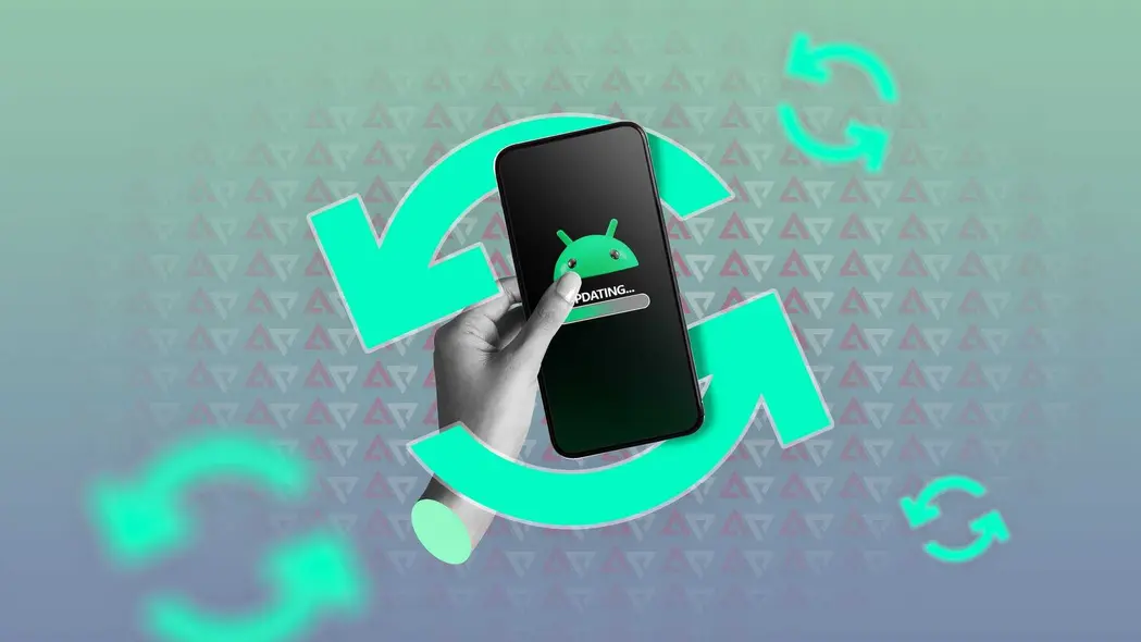 دست‌گی که گوشیی را در حال به‌روزرسانی سیستم‌عامل Android نگه داشته است