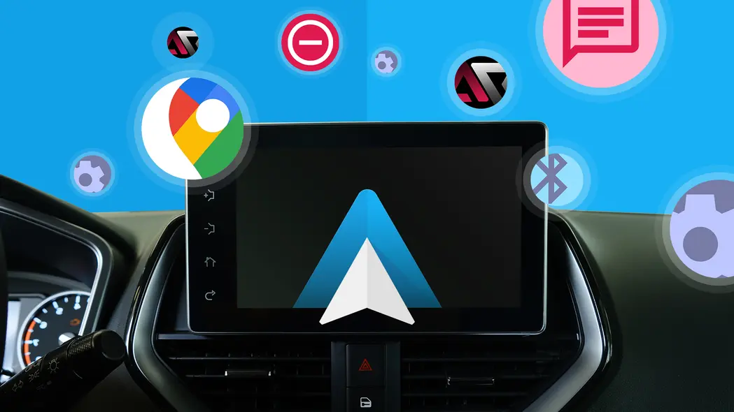 صفحه داشبورد خودرو با نمایش لوگوی Android Auto، احاطه‌شده توسط آیکون‌های شناور نقشه‌های گوگل، پیام‌های عدم مزاحمت و ابزارهای خودکارسازی.