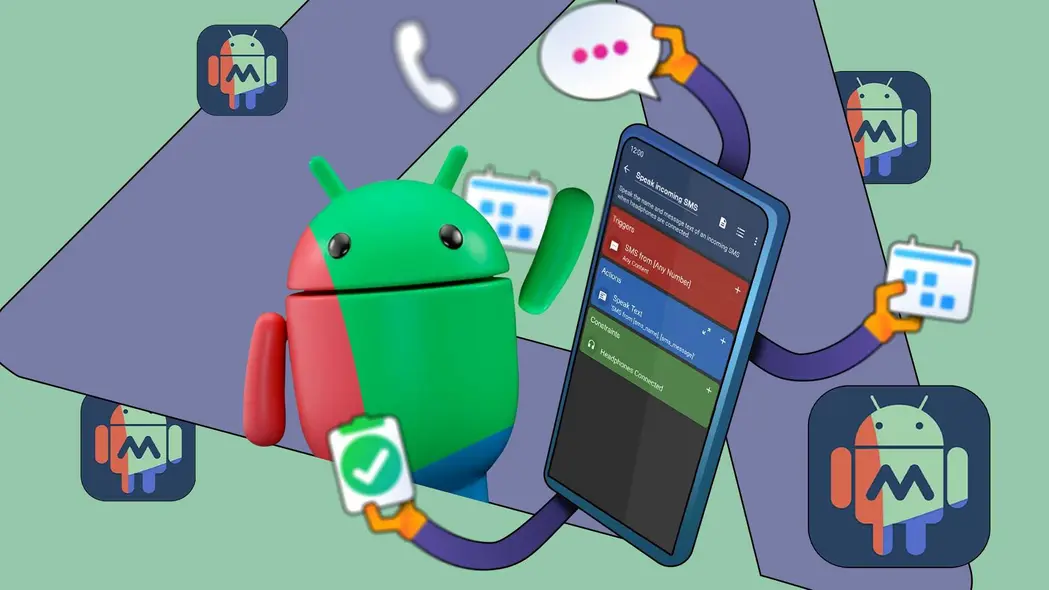 تصویری از نماد اندروید که با گوشی هوشمند نمایش‌دهندهٔ یک قانون خودکارسازی MacroDroid در حال تعامل است، در حالی که چندین بازوی روباتیک از گوشی خارج می‌شوند تا کارها را انجام دهند