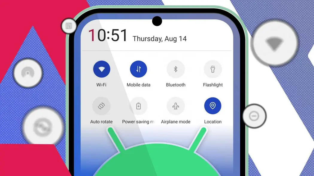 نمای نزدیک صفحهٔ گوشی هوشمند که پنل تنظیمات سریع اندروید را نشان می‌دهد، با لوگوی اندروید که در پایین قابل رؤیت است