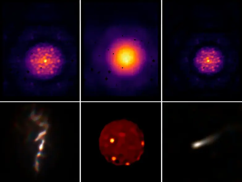 در بالای تصویر (از چپ): تصاویر پردازش‌نشده‌ی NGC 1068، ماه ایئو و ستاره WR 137. در پایین: تصاویر پس از رفع تاری با استفاده از الگوریتم‌های توسعه‌یافته توسط لوئیس دسدوئ و مکس چارلز. منبع: دانشگاه سیدنی، مکس چارلز، دکتر لوئیس دسدوئ