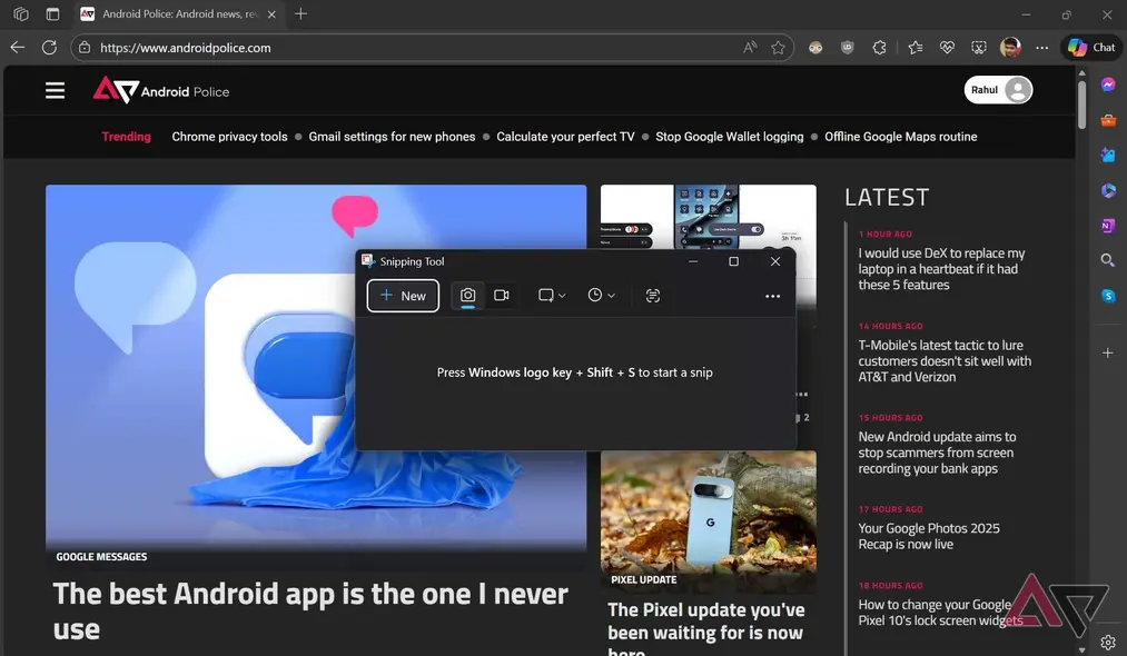اسکرین‌شاتی که ابزار Snipping در ویندوز ۱۱ را نشان می‌دهد