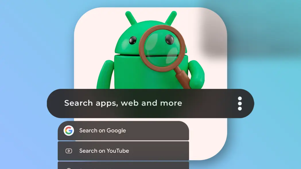 ربات اندروید با یک ذره‌بین پشت نوار جستجوی تیره